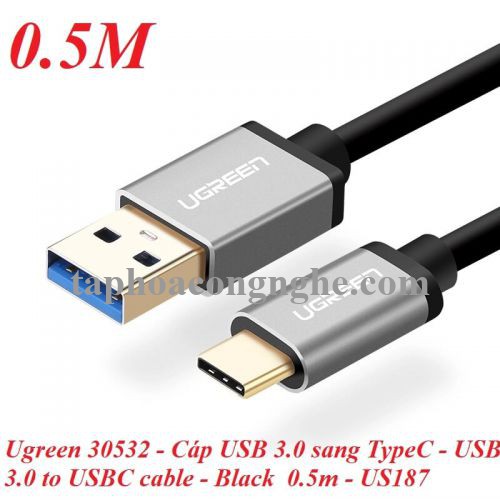 Ugreen 30532 0.5M màu Đen Cáp dữ liệu USB Type-C sang USB 3.0 truyền dữ liệu từ máy tính ra điện thoại US187 30030532